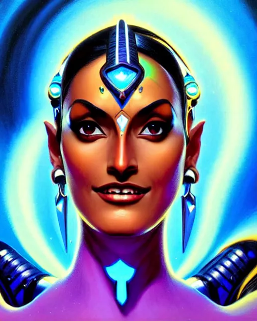 Image similar to symmetra from overwatch, elegant, confident, smug, strong, colorful, fantasy, fantasy art, character portrait, portrait, close up, highly detailed, intricate detail, amazing detail, sharp focus, vintage fantasy art, vintage sci - fi art, radiant light, caustics, by boris vallejo