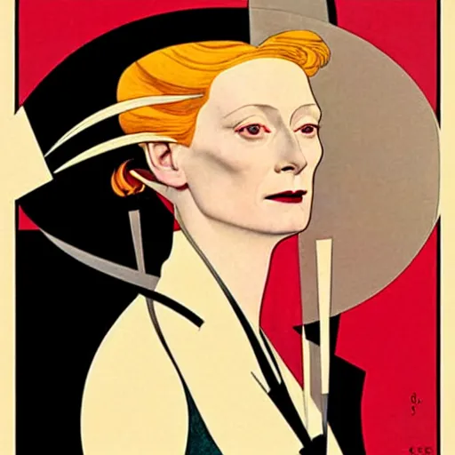 Image similar to a portrait by coles phillips of the stunningly beautiful actree, tilda swinton, mucha, kandinsky, art deco, decadence,