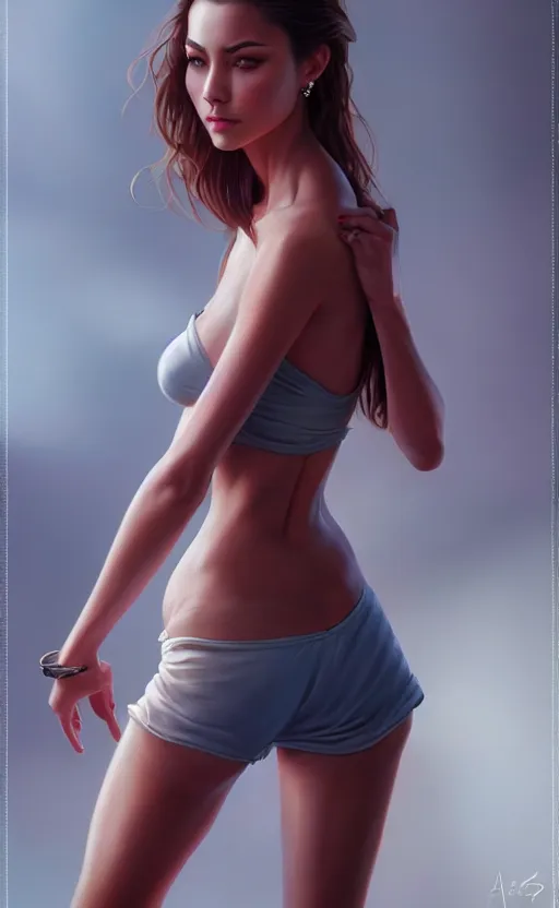 Image similar to full body photo of a gorgeous young woman in the style of stefan kostic, realistic, sharp focus, 8k high definition, insanely detailed, intricate, elegant, art by stanley lau and artgerm