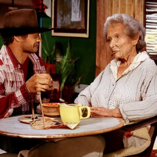 Prompt: terence hill drinking tea with an elderly lady in his mountain cabin, a cute earth pillow is visible in the couch