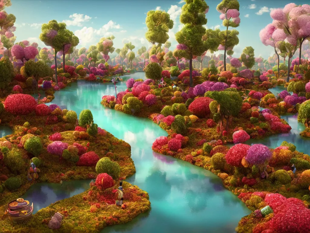 Image similar to an ultra realistic dream landscape of a chocolate river, trees made of candies cotton candy bushes roads made of buiscuits, octane render, unreal engine, 4 k, masterpiece, tilt shift, david lachapelle, alice in wonderland, trending on artstation,