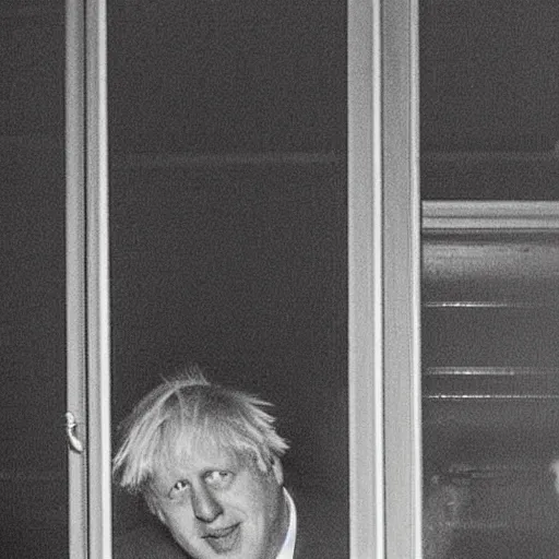 Image similar to grainy telephoto shot through a window at night of Boris Johnson standing in a kitchen and holding a bottle of beer