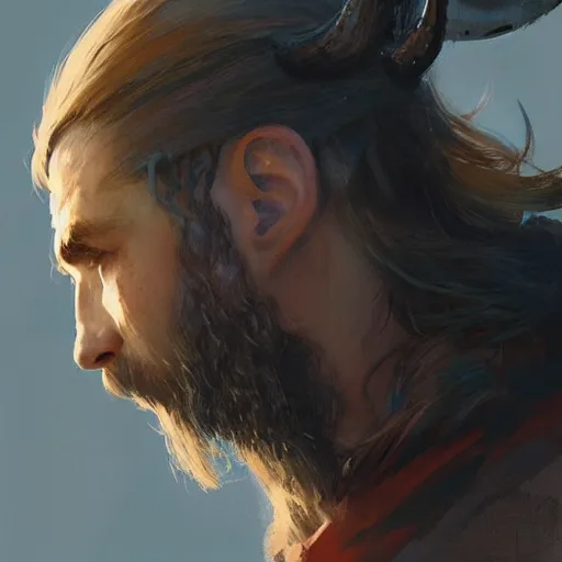 Image similar to a beautiful artwork side profile portrait of a viking with horns by greg rutkowski , featured on artstation, norse mythology, valhalla