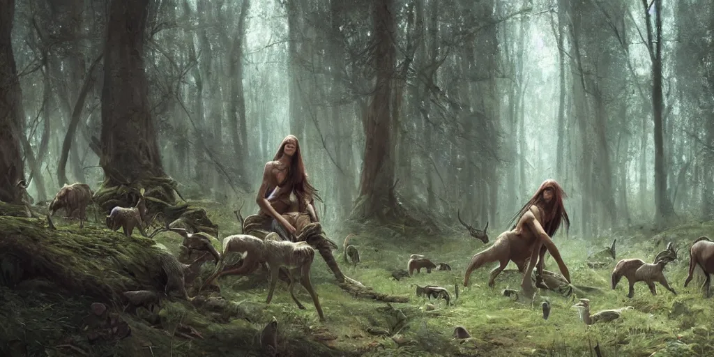 Image similar to 'wood-elf surrounded by animals in the woods, art by Greg Rutkowski, 4k'