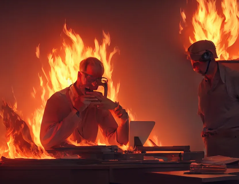 Image similar to a man works at a workstation in a very hot office with burning fires, close up, featured in artstation, octane render, intricate, ultra detailed, fantasy, concept art, sharp focus, illustration, 8 k