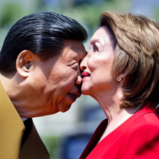 Prompt: Nancy Pelosi kissing Xi Jinping