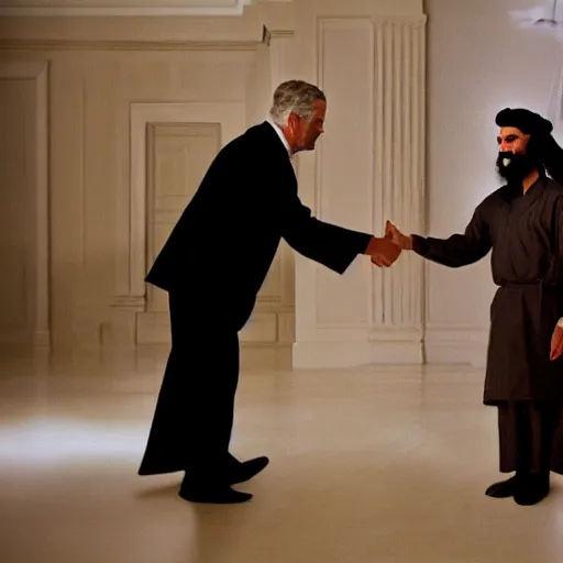 Image similar to george w bush shaking hands with osama bin laden, 8k cinematic lighting, very sharp detail, anatomically correct