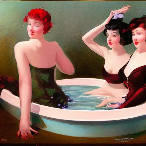 Prompt: three friends in a tub, art by wlop, edward mason eggleston, olivia, coby whitmore, rolf armstrong, wlop