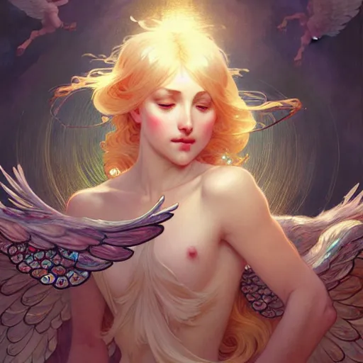 Image similar to An angelic girl with blonde hair, glowing halo, huge highly detailed wings, surrounded by foxes, fantasy, intricate, elegant, highly detailed, digital painting, artstation, concept art, smooth, sharp focus, illustration, art by Krenz Cushart and Artem Demura and alphonse mucha