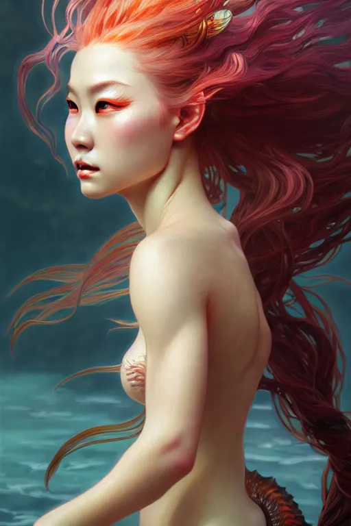 Image similar to portrait mermaid, chinese dragon concept art, d & d, highly detailed, digital painting, artstation, sharp focus, illustration, art by tan zi and ayanamikodon and alphonse mucha and wlop