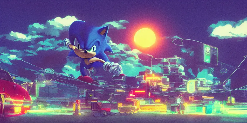 Prompt: Sonic the Hedgehog, Portrait, Very Cloudy Sky, Sun, Neon Lights, Subject in Middle, Subject in center, Rule of Thirds, Retrofuturism, Studio Ghibli, Simon Stålenhag