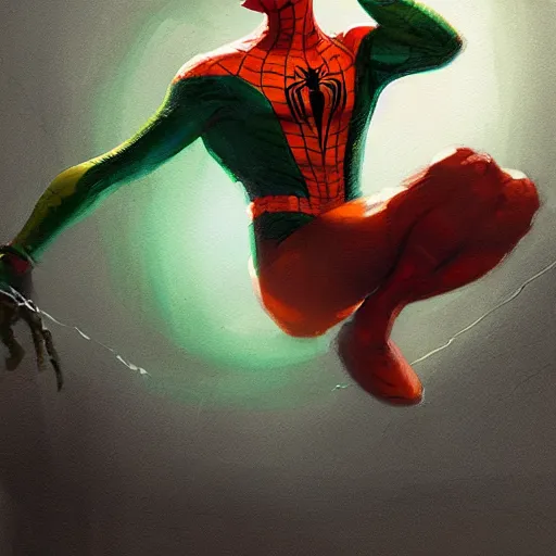 Prompt: an orange and green spiderman by greg rutkowski