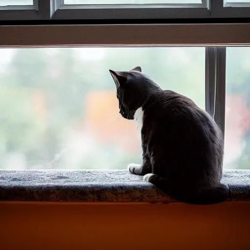 Image similar to A beautiful photograph of a cat looking out the window on a rainy day.