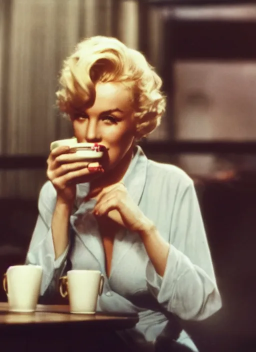 Image similar to A close-up, color cinema film still of a marlin monroe drinking coffee at a starbucks, ambient lighting at night.