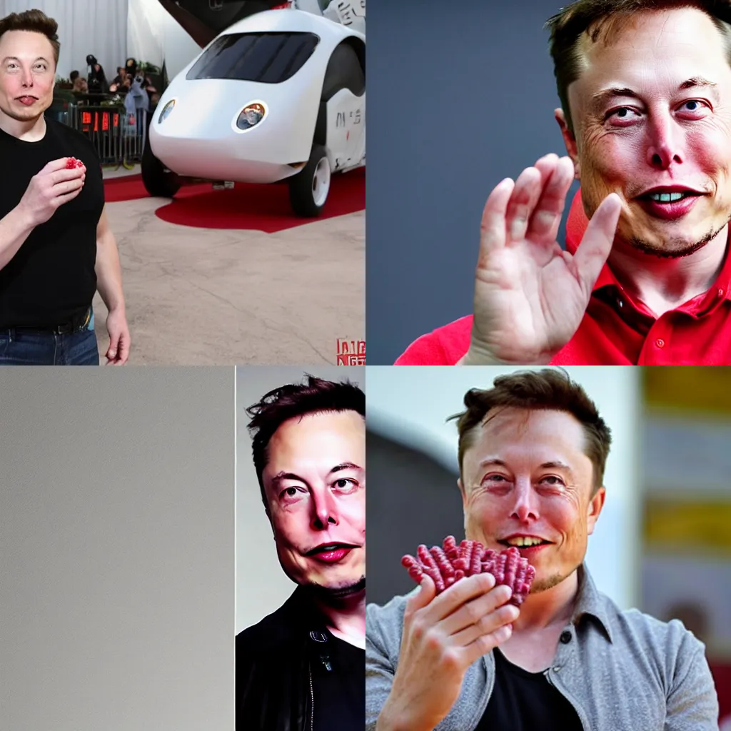 Prompt: Elon Musk looks into the camera and offers jellybeans, which he holds in the palm of his hand.
