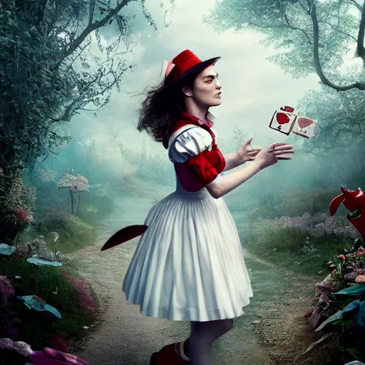 Image similar to Keira Knightley as alice in Wonderland chasing the white Rabbit, hyperrealistic, highly detailed, depth of field, High definition, 8k, octane render, artstation