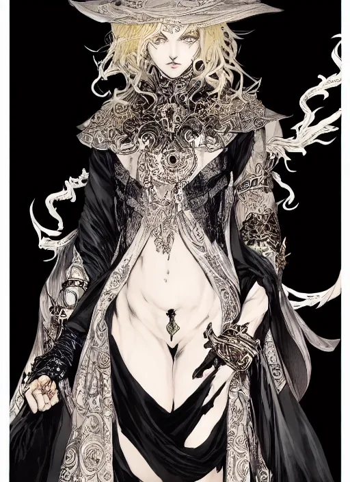 Image similar to beautiful human witch with blonde short curtly hair in intricate ornate witch robe, haughty evil look, witch hat. in style of yoji shinkawa and hyung - tae kim, trending on artstation, dark fantasy, great composition, concept art, highly detailed, dynamic pose.