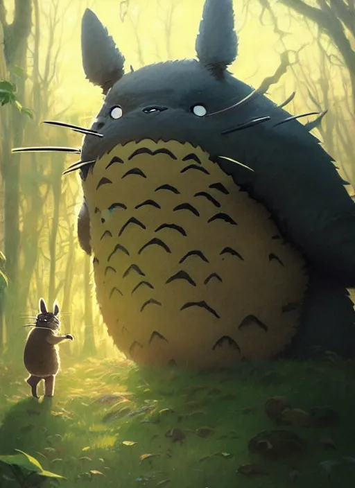 Image similar to Highly detailed portrait of Totoro, Stephen Bliss, unreal engine, fantasy art by Greg Rutkowski, Loish, Rhads, ferdinand knab, Makoto Shinkai and Lois van baarle, ilya kuvshinov, rossdraws, Tom Bagshaw, alphonse mucha, global illumination, radiant light, detailed and intricate environment