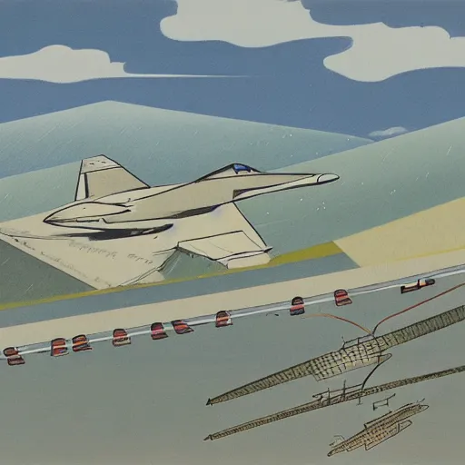 Prompt: Illustration of an Air Base by animator Georges Schwizgebel, 1978