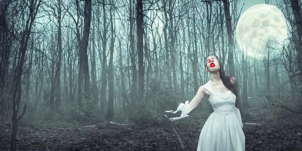 Prompt: a vampire woman in a white lace dress, standing in a dark forest with the moon shining brightly