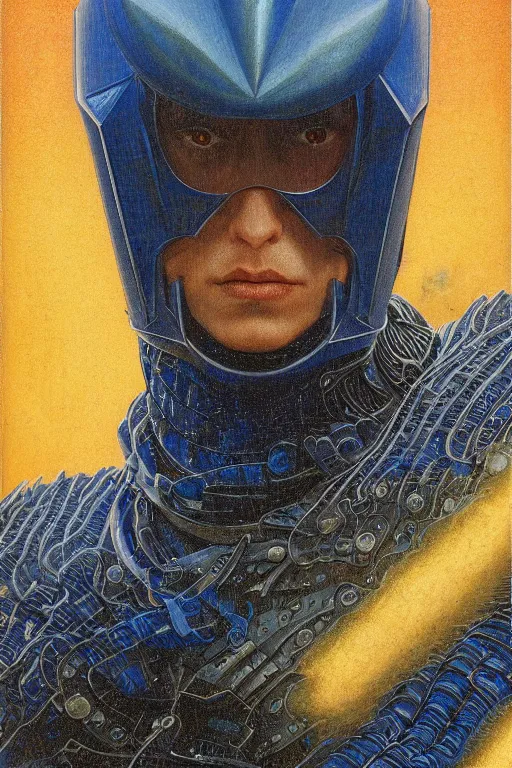 Image similar to portrait of beautiful gothic and futuristic young man, warhammer, cyber armor, a lot of scars, thunderstorm and fire, blue head, the middle ages, highly detailed, artstation, illustration, more and more composision, 8 k quality, art by jean delville, max ernst