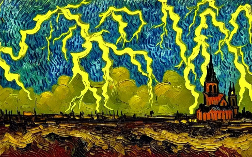 Prompt: detailed expressionist oil painting by van gogh of lightning storm over a tall gothic church, landscape painting, expressionism, 8 k resolution, smooth, sharp focus, matte painting