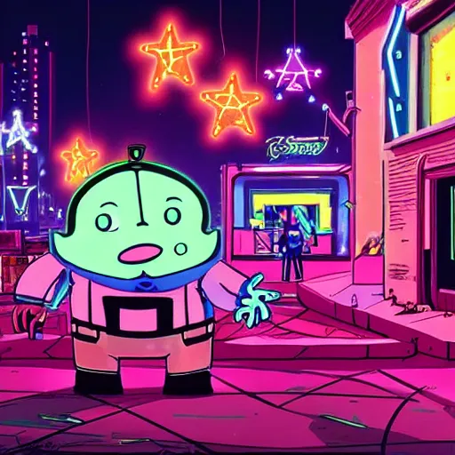 Image similar to patrick star with a pistol in a cyberpunk city, gangster, dark, neon lights, streets