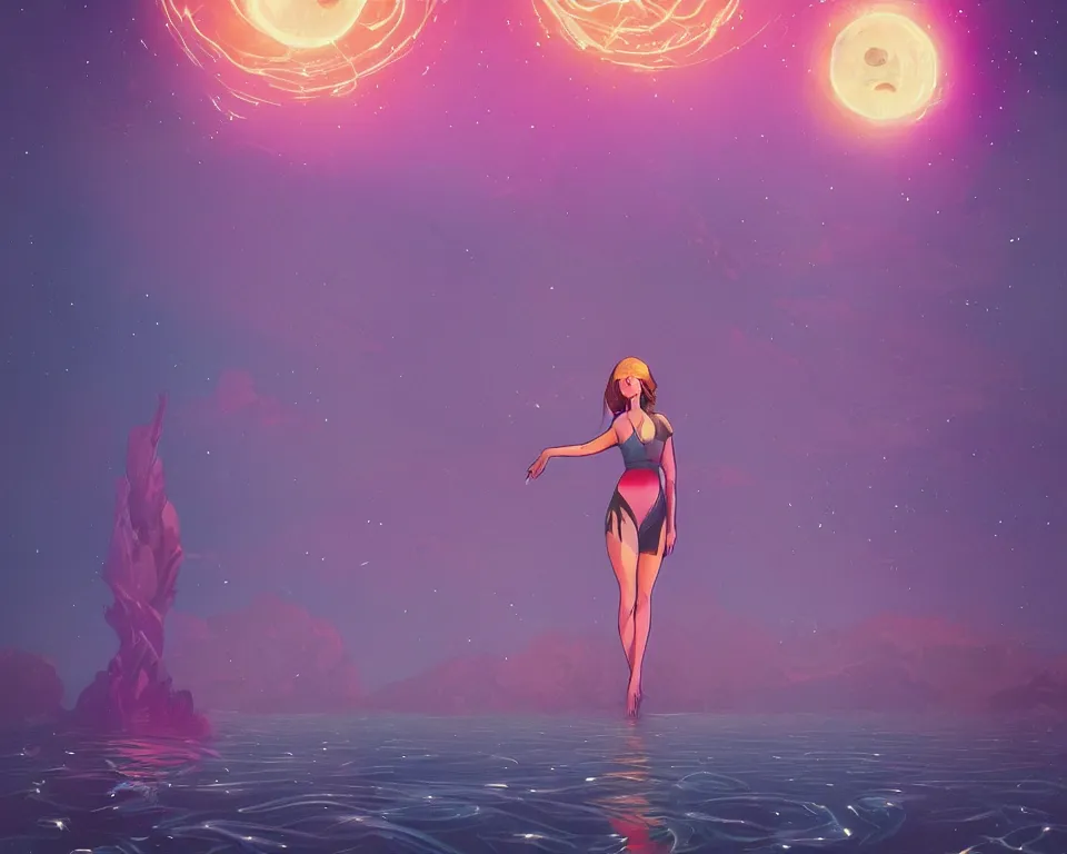 Image similar to beautiful fantastical girl standing in a lake basking in the moonlight, casting a spell, under a multi-colored binary blackhole with an accretion disc, glowing trails following her arms, wearing professional makeup, synthwave, by Lois van Baarle, by Greg Rutkowski, by artgerm, by beeple, by studio ghibli, cinematic angle, volumetric lighting, 4k resolution, octane render, trending on artstation, masterpiece