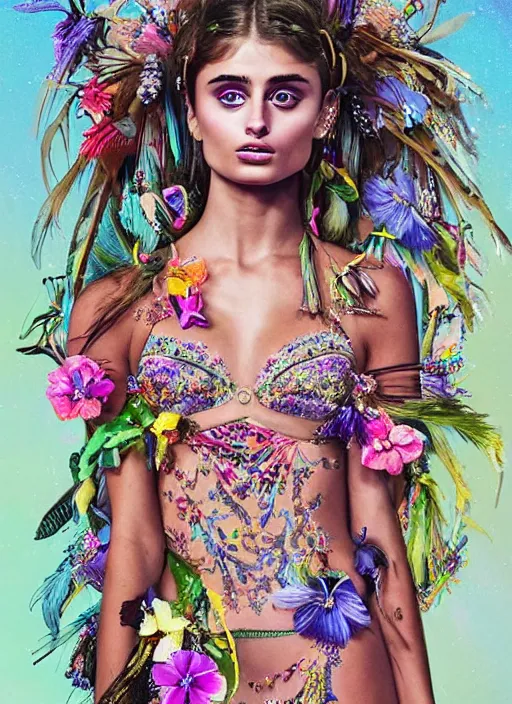 Image similar to beautiful portrait render of Taylor Hill wearing fantastic dress in the VICTORIA'S SECRET fashion show,embellished beaded feather decorative fringe knots ,colorful pigtail,subtropical flowers and plants,perfect symmetrica body shape,symmetrical face,intricate,elegant,highly detailed,8k,post-processing,digital painting,trending on pinterest,harper's bazaar,concept art, sharp focus, illustration, by artgerm,Tom Bagshaw,Lawrence Alma-Tadema,greg rutkowski,golden ratio