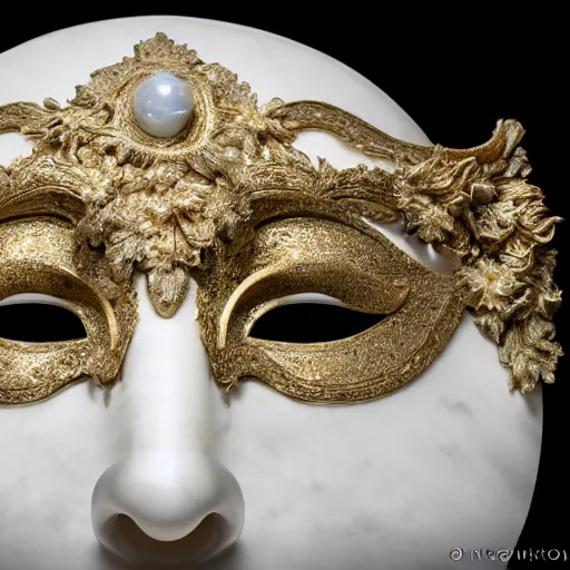 Image similar to photography of a venetian woman mask sculpted in white opalescent marble, with lots of thin golden ornaments, fusing with a luminous background, fractal art, intricate, 8 k, white box, cinematic light, high aperture