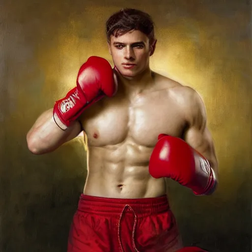 Prompt: handsome portrait of a young guy fitness posing, war hero, flexing, wearing red boxing gloves, hibiscus flower accent, radiant light, caustics, by gaston bussiere, bayard wu, greg rutkowski, giger, maxim verehin