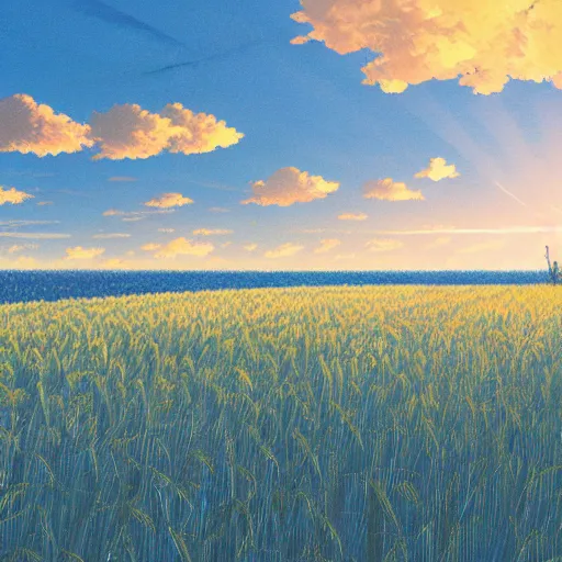 Image similar to anime, sharp focus, breath taking beautiful, Aesthetically pleasing, field of grain at golden hour, digital concept art by Hayao Miyazaki and Akira Toriyama and Makoto Shinkai and Studio Ghibli, fine art, official media, high definition, illustration, ambient lighting, HDR, HD, 8K, award winning, trending, featured, masterful, dynamic, energetic, lively, elegant, intricate, complex, highly detailed, Richly textured, Rich vivid Color, masterpiece.