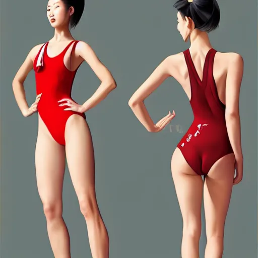 Prompt: a young gorgeous Chinese woman wearing sport racing competitive one piece swimsuit leotard, worksafe, by ArtGerm