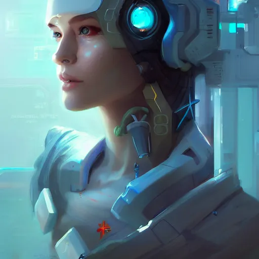 Image similar to a portrait of a beautiful cybernetic nurse, cyberpunk concept art by pete mohrbacher and wlop and artgerm and josan gonzales, digital art, highly detailed, intricate, sci-fi, sharp focus, Trending on Artstation HQ, deviantart, unreal engine 5, 4K UHD image