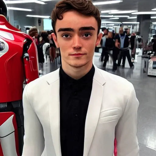 Image similar to “a realistic detailed photo of a guy who is an attractive humanoid who is half robot and half humanoid, who is a male android, Charles Leclerc, shiny skin, posing like a statue, blank stare”