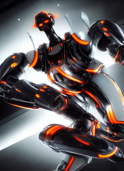 Image similar to a Photorealistic dramatic hyperrealistic full frame render of a Sleek futuristic exosuit Freedom Formula Racing Mech,Ultra realistic details,glossy white metal,Orange racing stripes,weathered surfaces,by Hidetaka Tenjin,Yoh Yoshinori,Yoji Shinkawa,Masamune Shirow,Beautiful dramatic dark moody tones and lighting,cinematic atmosphere,studio lighting,shadows,dark background, Octane render,8K