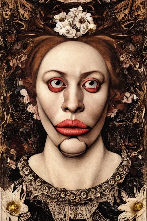 Prompt: Detailed maximalist portrait with large lips and with large wide eyes, sad expression, skeletal, HD mixed media, 3D collage, highly detailed and intricate, surrea, illustration in the style of Caravaggio, dark art, baroque