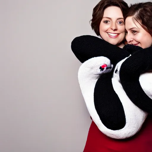 Prompt: rachel bloom hugging a person made out of socks, ultra detailed, 8 k resolution, ultrarealistic