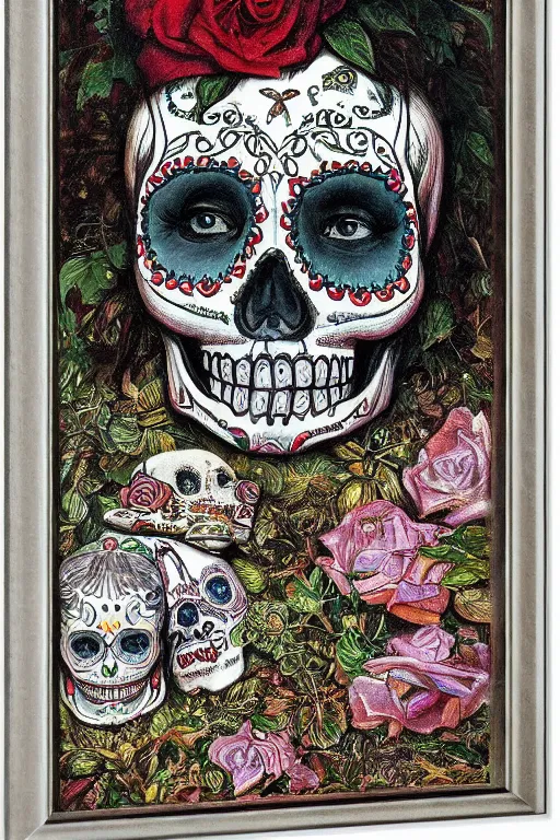 Prompt: Illustration of a sugar skull day of the dead girl, art by william holman hunt