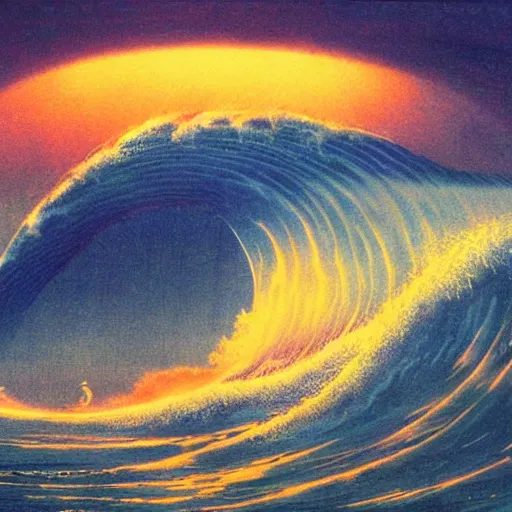 Prompt: typhoon at dusk in the style of Koginawa wave, by Bruce Pennington