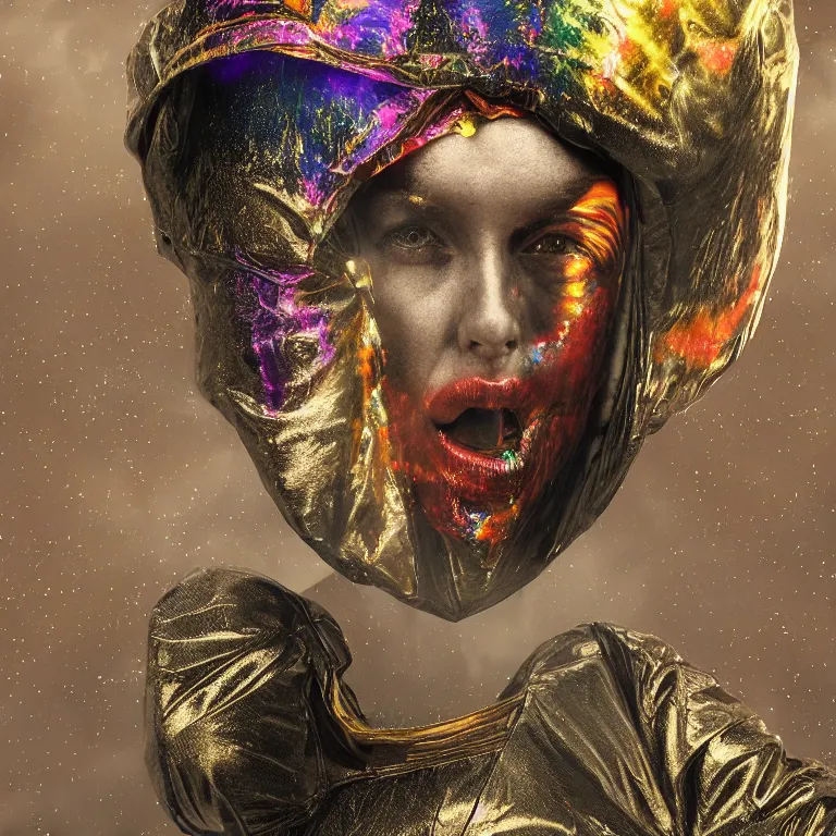 Prompt: dark and moody octane render portrait by wayne barlow and carlo crivelli and glenn fabry, subject is a woman covered in tie - dye aluminum foil space suit with a colorful metallic space helmet, surrounded by alien plants, fog and mist, cinema 4 d, ray traced lighting, very short depth of field, bokeh