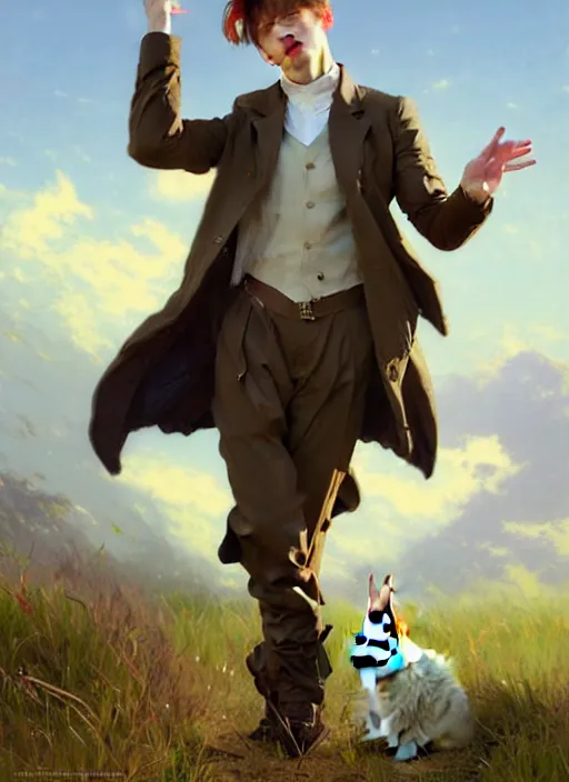 Prompt: harmony of grasslands, cute jungkook with bunny ears & tail wearing jacket & pants, amazing composition & dynamic posing, by franz xavier leyendecker, wlop! muted colors, highly detailed, fantasy art by craig mullins, thomas kinkade cfg _ scale 9