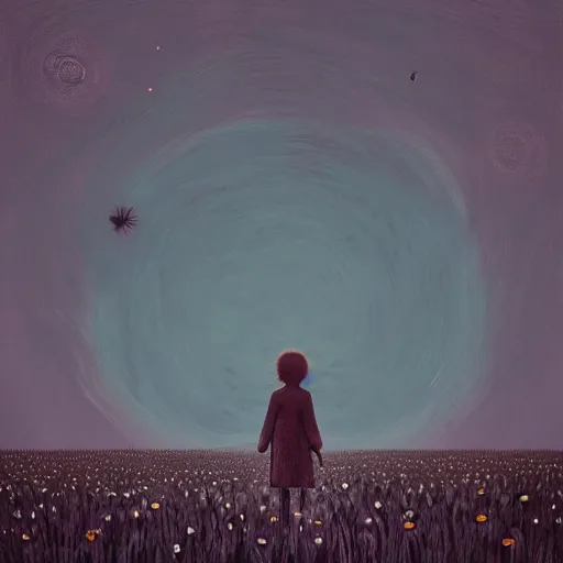 Image similar to giant black daisy flower face, girl walking in wheat field, hills, surreal photography, dark night, star trails, dramatic light, impressionist painting, clouds, digital painting, artstation, simon stalenhag