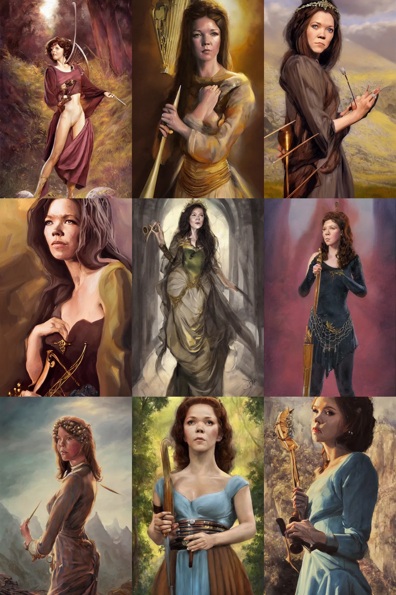 Prompt: a full body high detail fantasy portrait oil painting illustration of young diana rigg as a beautiful sophisticated singing bard woman by justin sweet with face and body clearly visible, in a scenic background, pupils visible, realistic proportions, d & d, rpg, forgotten realms, artstation trending, high quality, sombre mood, artstation trending, muted colours, entire person visible!