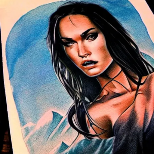 Image similar to tattoo design sketch of megan fox mash up effect with beautiful mountain scenery, in the style of matteo pasqualin, amazing detail