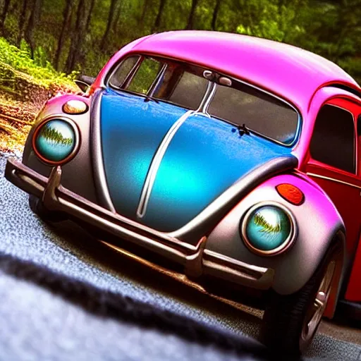 Image similar to promotional scifi - blockbuster movie scene of an insect - ladybug is mostly melded with a'glossy volkswagen beetle '. it wings and is flying down a dusty backroad along a gentle creek in smokey mountains tennessee. cinematic, muted dramtic color, 4 k, imax, 7 0 mm, hdr