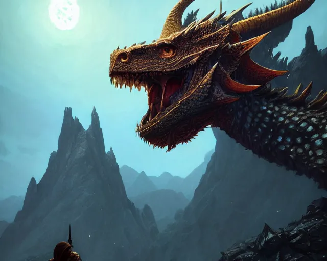 Image similar to highly detailed portrait of a dragon, in skyrim, stephen bliss, unreal engine, fantasy art by greg rutkowski, loish, rhads, ferdinand knab, makoto shinkai and lois van baarle, ilya kuvshinov, rossdraws, tom bagshaw, global illumination, radiant light, detailed and intricate environment