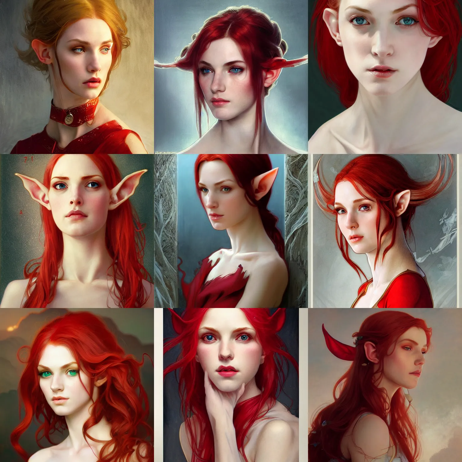 Prompt: full-length portrait of very beautiful elf, headshot, looking up, hyper realistic, pale skin, bright red hair, 4k, rule of thirds, extreme detail, detailed drawing, trending artstation, hd, fantasy, D&D, realistic lighting, by Alphonse Mucha, Greg Rutkowski, sharp focus, backlit, elegant