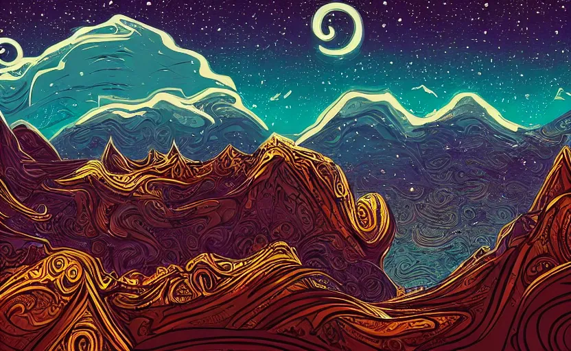 Prompt: mountains, stars and paisley filled sky, artstation, intricate, highly detailed, digital painting, concept art, sharp focus, illustration by Megan Duncanson and Kilian Eng