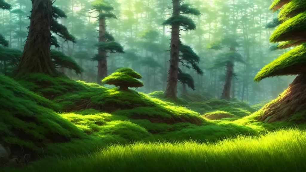 Image similar to forest clearing landscape, studio ghibli, pixar and disney animation, sharp, rendered in unreal engine 5, highly detailed, digital painting, artstation, concept art, smooth, sharp focus, illustration, wide angle, artbook, wallpaper, splash art, promo art, dramatic lighting, art by artgerm and greg rutkowski and bo chen and jin xiaodi